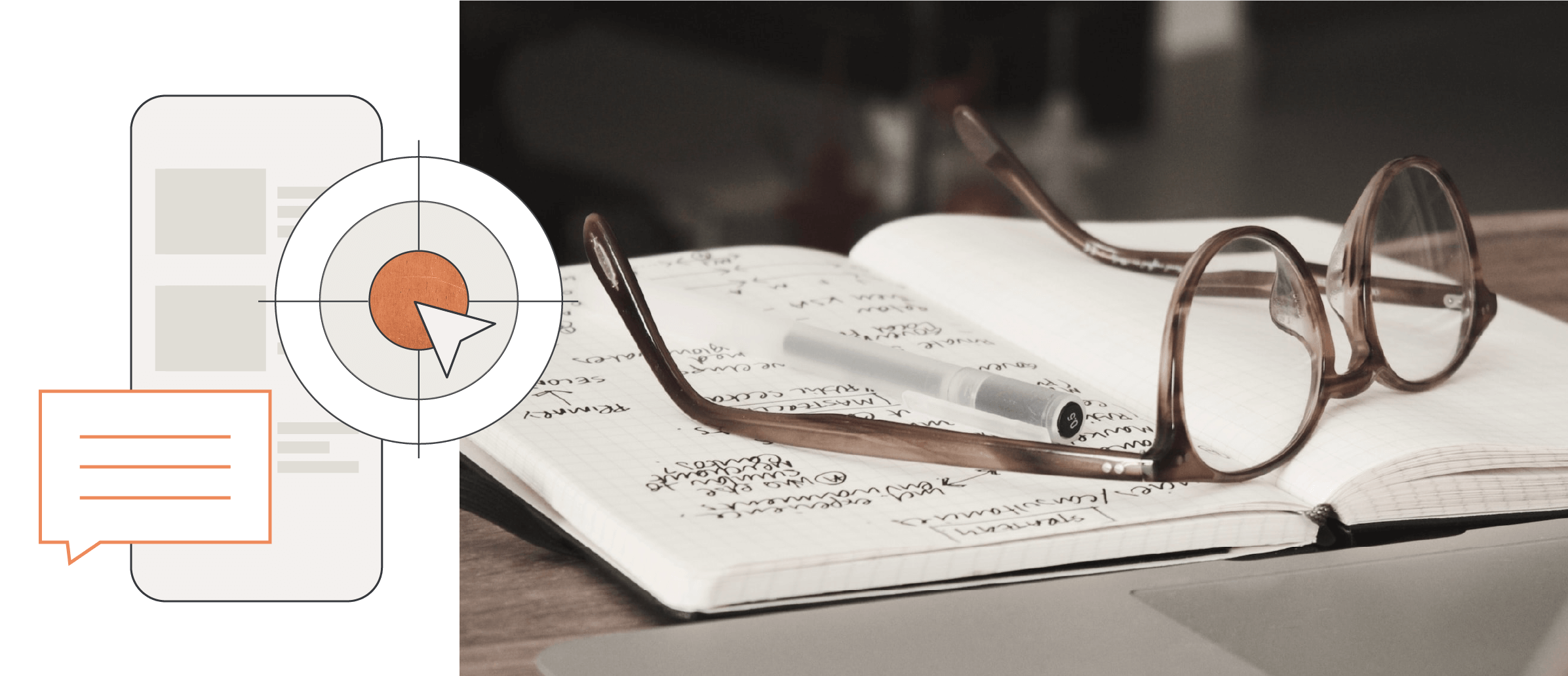 a written notebook with glasses and pen on top